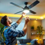 A photograph of a skilled lighting contractor installing a stylish ceiling fan with an integrated lighting kit in a beautifully designed living space