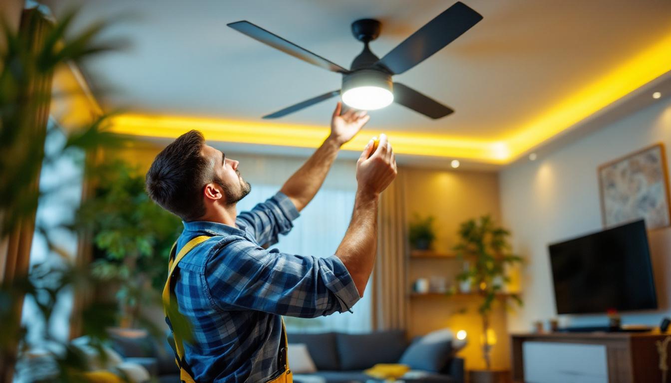 A photograph of a skilled lighting contractor installing a stylish ceiling fan with an integrated lighting kit in a beautifully designed living space