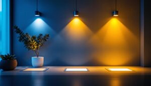 A photograph of a modern installation showcasing square led pot lights in a stylish interior setting
