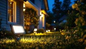 A photograph of a well-lit outdoor space featuring a variety of led flood light bulbs in use