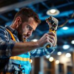 A photograph of a lighting contractor expertly installing or adjusting various types of lighting fixtures in a well-lit environment