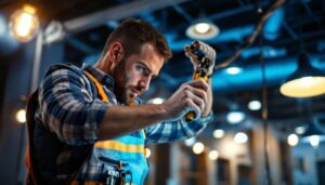 A photograph of a lighting contractor expertly installing or adjusting various types of lighting fixtures in a well-lit environment
