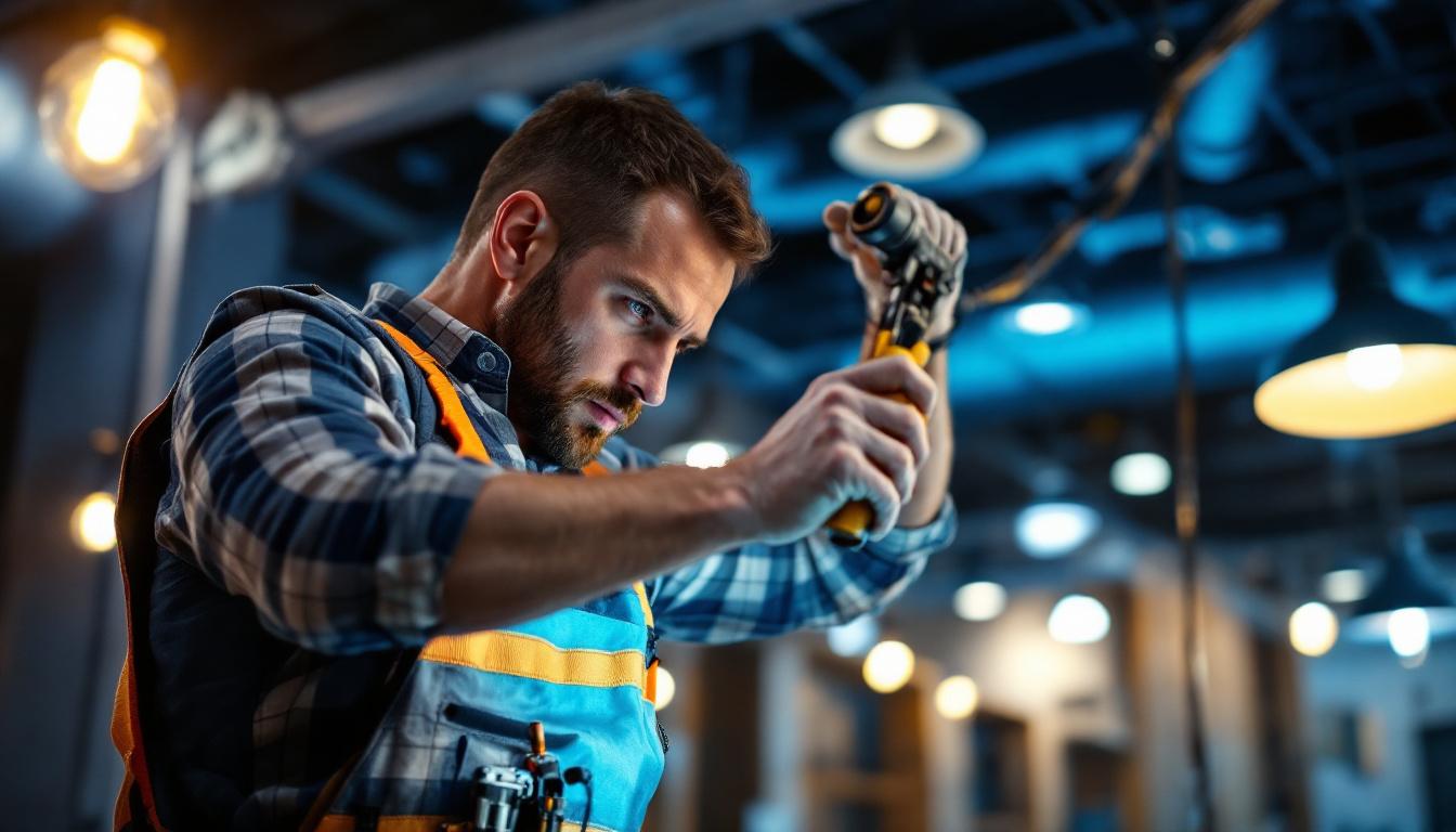 A photograph of a lighting contractor expertly installing or adjusting various types of lighting fixtures in a well-lit environment