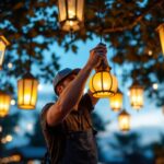 A photograph of a beautifully arranged outdoor space featuring a variety of hanging lanterns in different styles and sizes