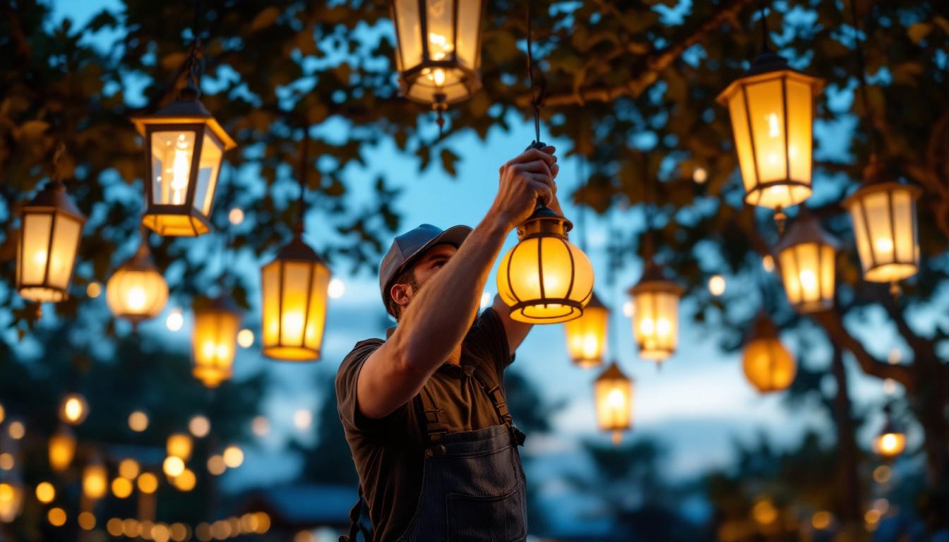 A photograph of a beautifully arranged outdoor space featuring a variety of hanging lanterns in different styles and sizes