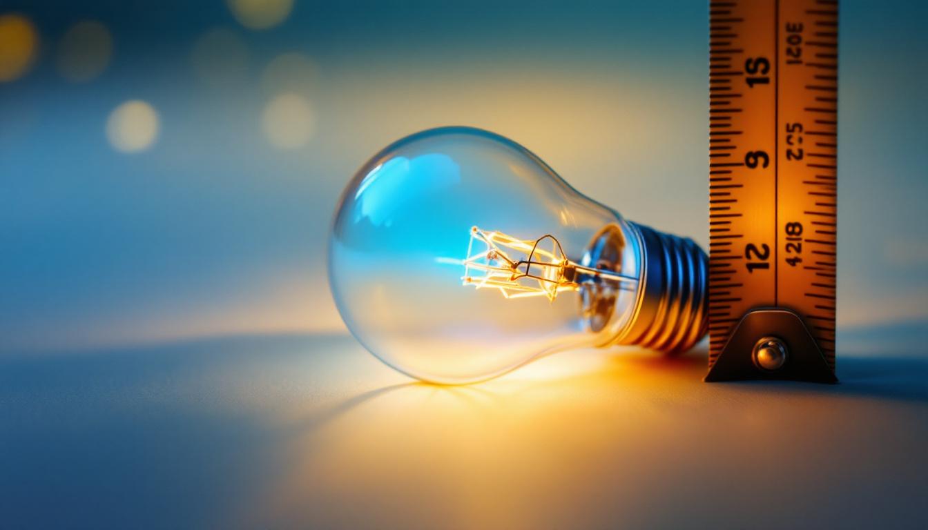 A photograph of a close-up of an a19 bulb alongside a measuring tape
