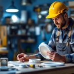 A photograph of a skilled lighting contractor examining various recessed light trim kits displayed on a workbench