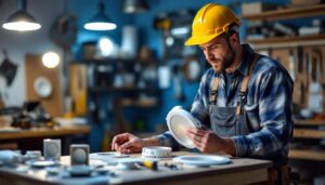 A photograph of a skilled lighting contractor examining various recessed light trim kits displayed on a workbench