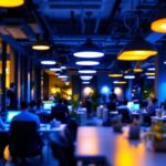 A photograph of a modern office space featuring a variety of stylish led lighting fixtures in use
