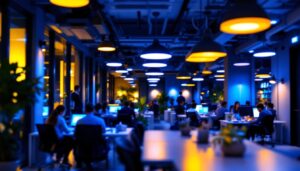 A photograph of a modern office space featuring a variety of stylish led lighting fixtures in use