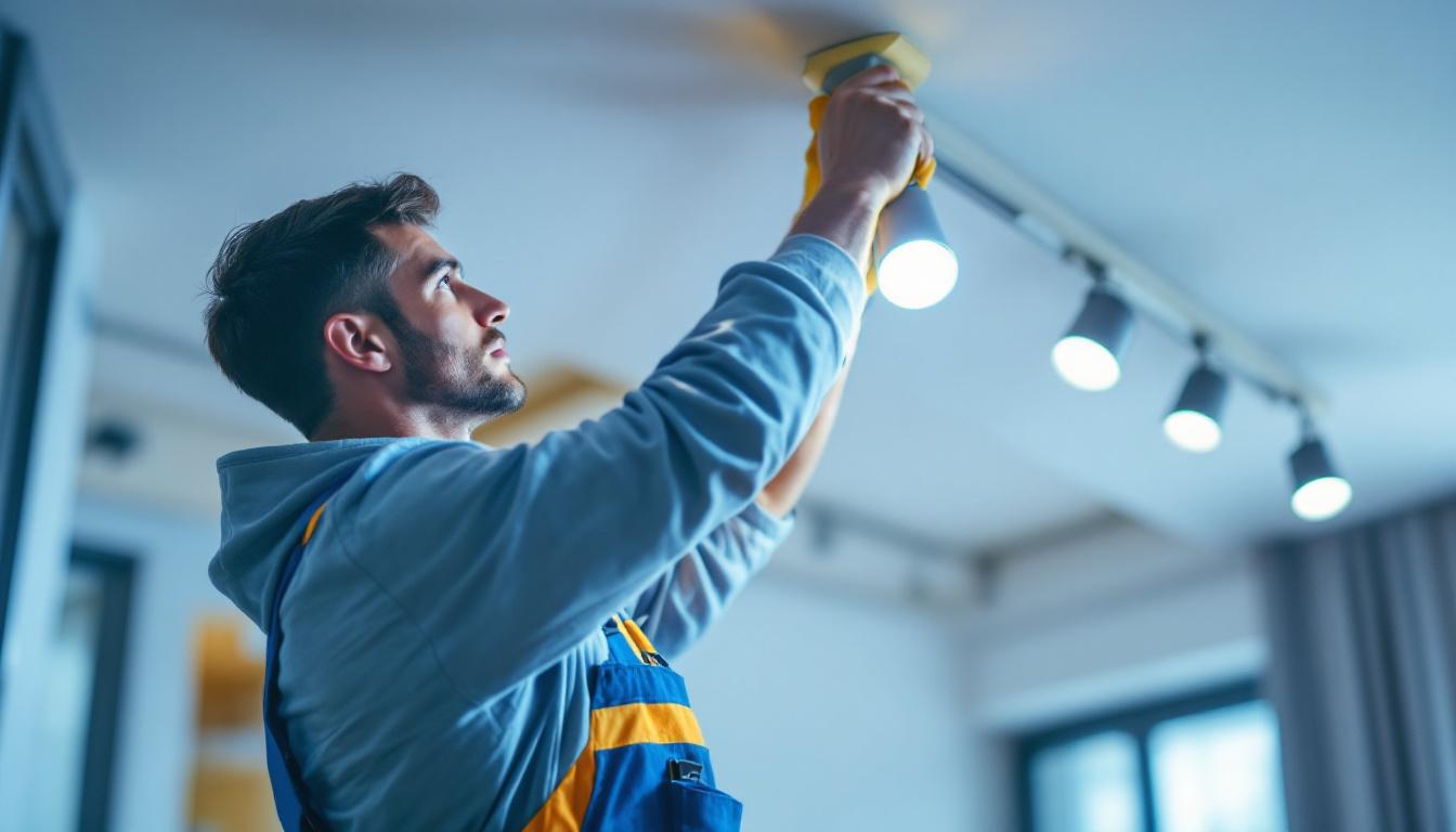 A photograph of a skilled lighting contractor installing or adjusting track lighting in a modern interior space