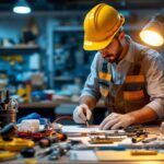 A photograph of a lighting contractor in action