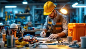 A photograph of a lighting contractor in action