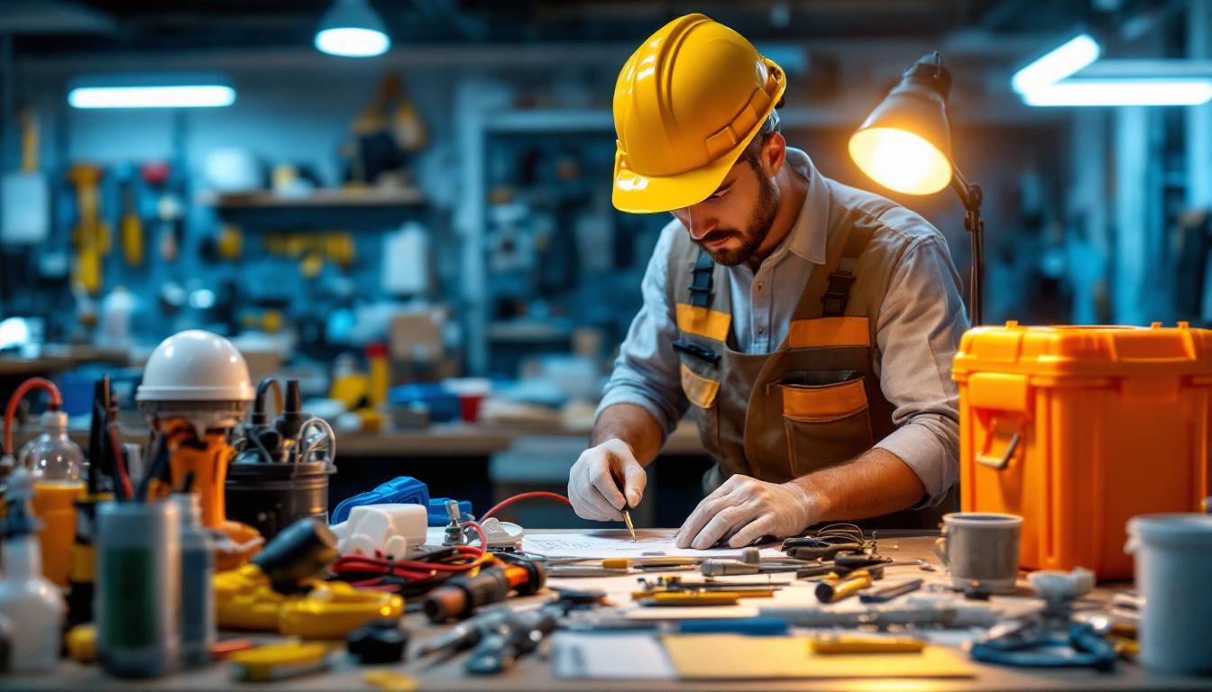 A photograph of a lighting contractor in action