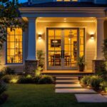 A photograph of a beautifully illuminated outdoor space showcasing various types of exterior lighting installations