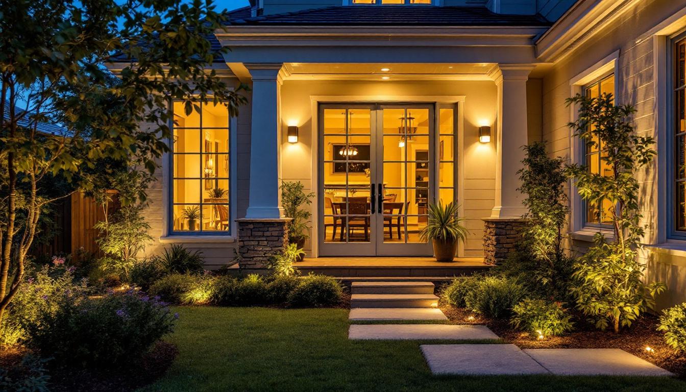 A photograph of a beautifully illuminated outdoor space showcasing various types of exterior lighting installations