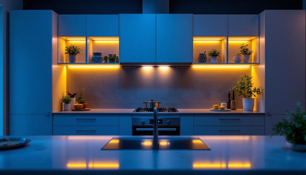 A photograph of a beautifully lit kitchen with stylish led lights installed above the cabinets