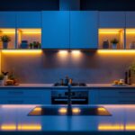 A photograph of a beautifully lit kitchen with stylish led lights installed above the cabinets