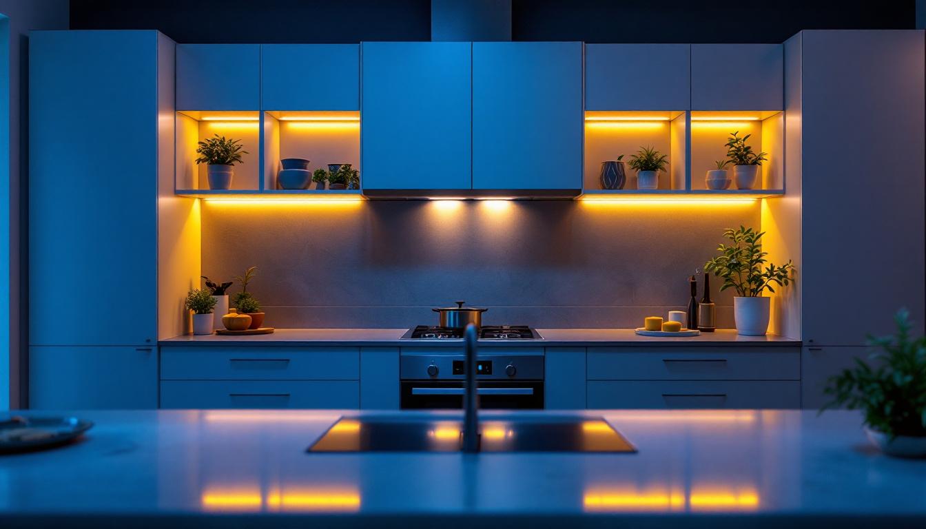 A photograph of a beautifully lit kitchen with stylish led lights installed above the cabinets