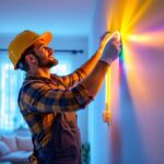 A photograph of a lighting contractor installing a vibrant plug-in led light strip in a modern living space