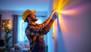 A photograph of a lighting contractor installing a vibrant plug-in led light strip in a modern living space
