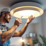 A photograph of a skilled lighting contractor installing a stylish pot light cover in a modern home setting