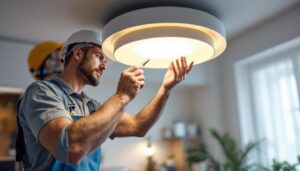 A photograph of a skilled lighting contractor installing a stylish pot light cover in a modern home setting