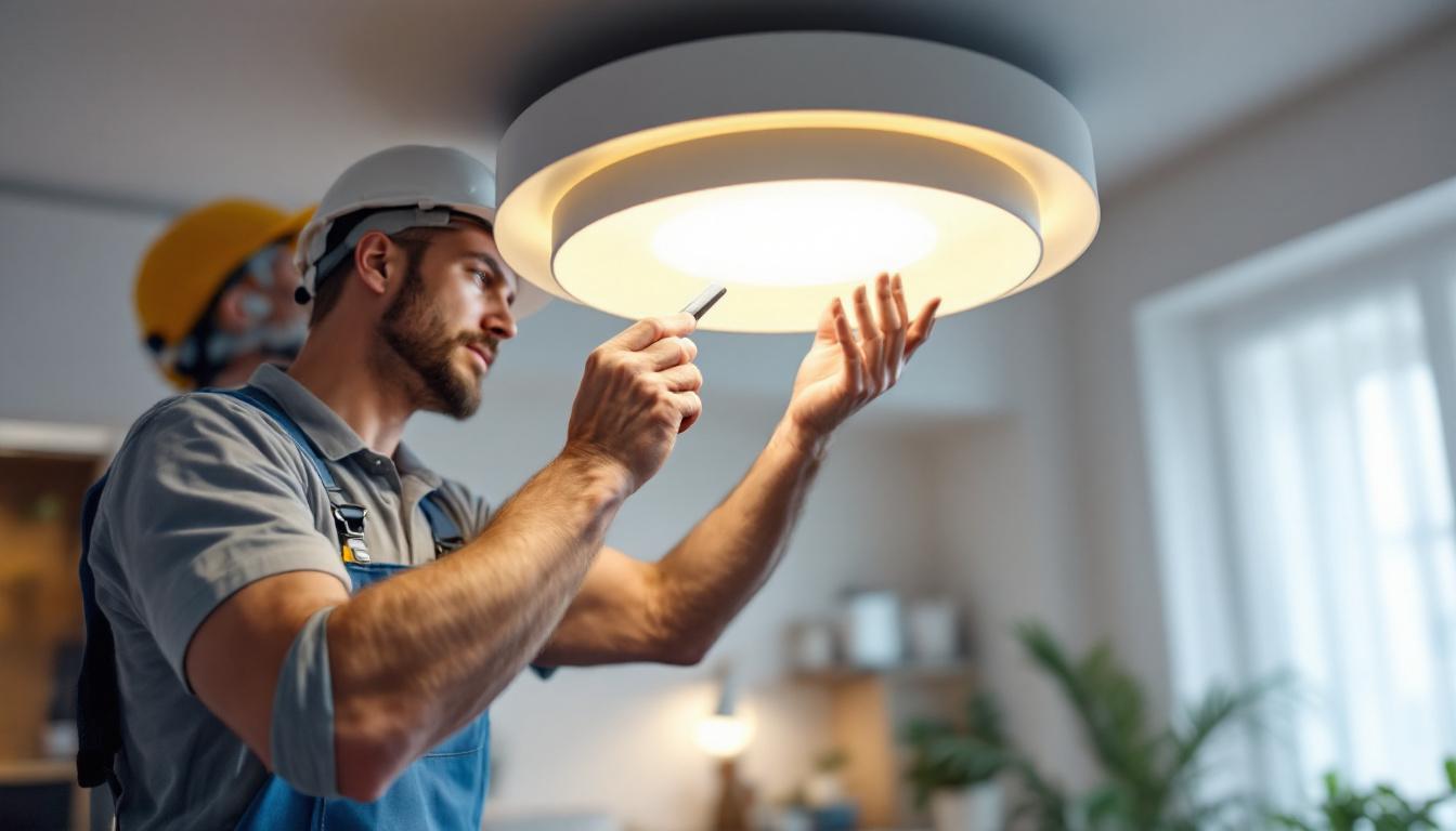 A photograph of a skilled lighting contractor installing a stylish pot light cover in a modern home setting
