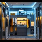 A photograph of a well-designed walk-in closet featuring various lighting options