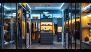 A photograph of a well-designed walk-in closet featuring various lighting options