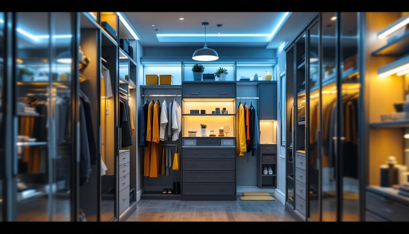 A photograph of a well-designed walk-in closet featuring various lighting options