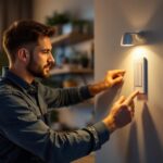 A photograph of a skilled lighting contractor installing a modern lighted wall switch in a stylish home setting