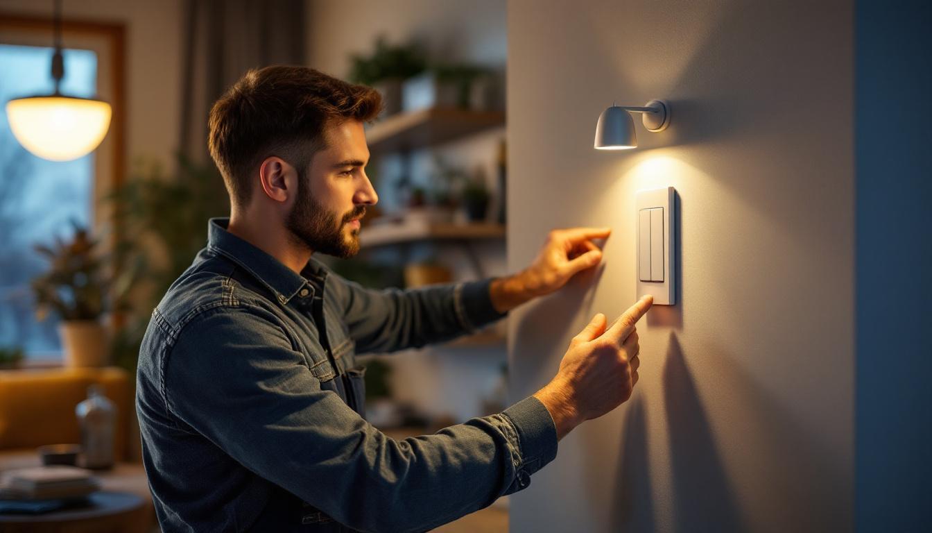 A photograph of a skilled lighting contractor installing a modern lighted wall switch in a stylish home setting