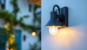 A photograph of a well-installed exterior light fixture with an integrated outlet