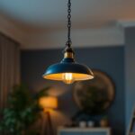 A photograph of a stylish light pendant with an elegant chain hanging from a ceiling in a beautifully lit room