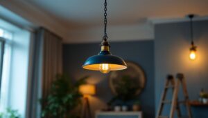 A photograph of a stylish light pendant with an elegant chain hanging from a ceiling in a beautifully lit room