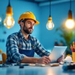 A photograph of a lighting contractor at work