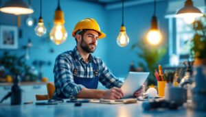 A photograph of a lighting contractor at work