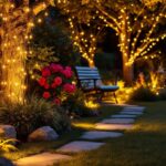 A photograph of a beautifully illuminated outdoor space featuring a variety of inexpensive landscape lighting options