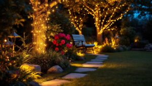 A photograph of a beautifully illuminated outdoor space featuring a variety of inexpensive landscape lighting options