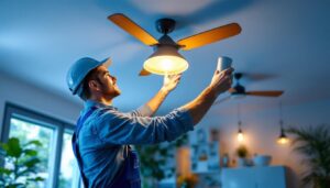 A photograph of a lighting contractor expertly installing stylish light fixtures and ceiling fans in a modern residential setting
