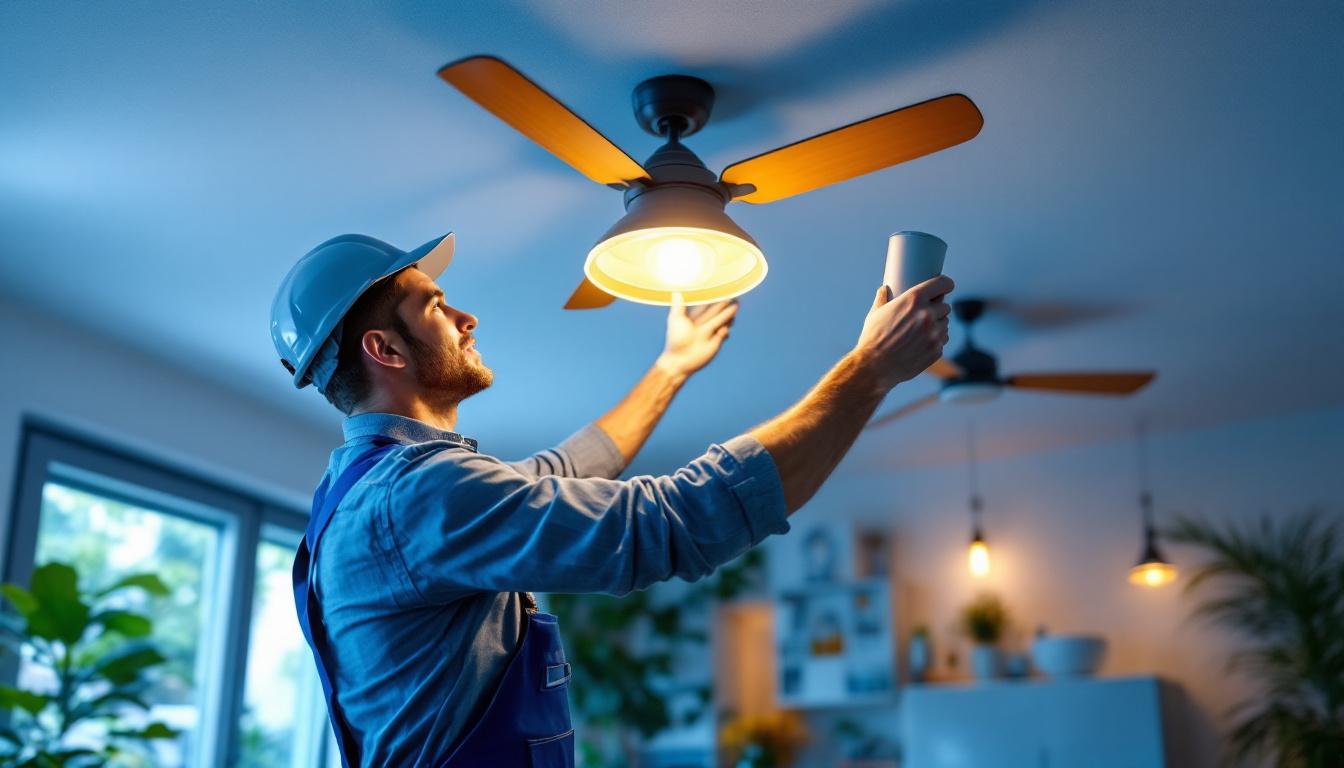 A photograph of a lighting contractor expertly installing stylish light fixtures and ceiling fans in a modern residential setting