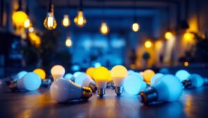 A photograph of a well-lit interior space showcasing various led bulbs in use