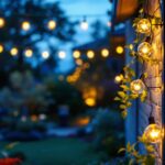 A photograph of a lighting contractor installing outdoor lights in a beautifully landscaped garden at dusk