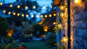 A photograph of a lighting contractor installing outdoor lights in a beautifully landscaped garden at dusk