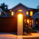 A photograph of a beautifully illuminated solar gate post light installed at the entrance of a stylish home