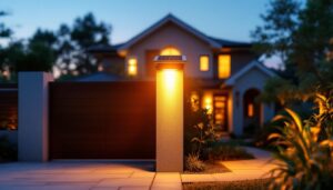 A photograph of a beautifully illuminated solar gate post light installed at the entrance of a stylish home