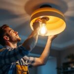 A photograph of a lighting contractor expertly installing a stylish ceiling light fixture in a modern home setting