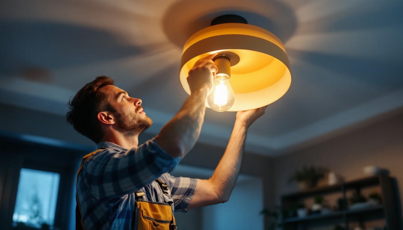 A photograph of a lighting contractor expertly installing a stylish ceiling light fixture in a modern home setting