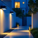 A photograph of a modern outdoor space illuminated by motion detector led lights